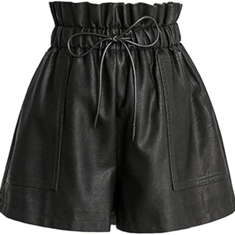 SCHHJZPJ High Waisted Wide Leg Black Faux Leather Shorts for Women